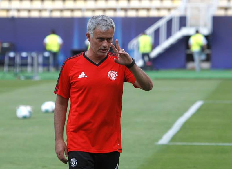 Manchester United's manager Jose Mourinho gestures during a training session at Philip II Arena in Skopje, Macedonia, Monday, Aug. 7, 2017, a day ahead of UEFA Super Cup final soccer match with Real Madrid. (AP Photo/Boris Grdanoski)