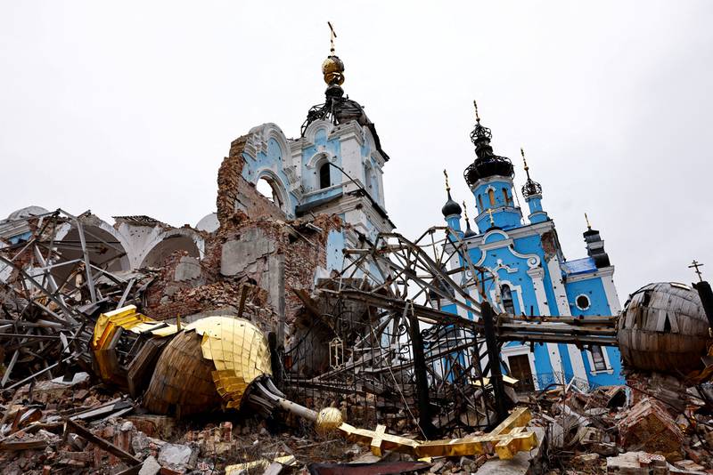 The dome of an Orthodox church destroyed by Russian forces in Ukraine's Donetsk enclave, where fighting is now concentrated. Reuters