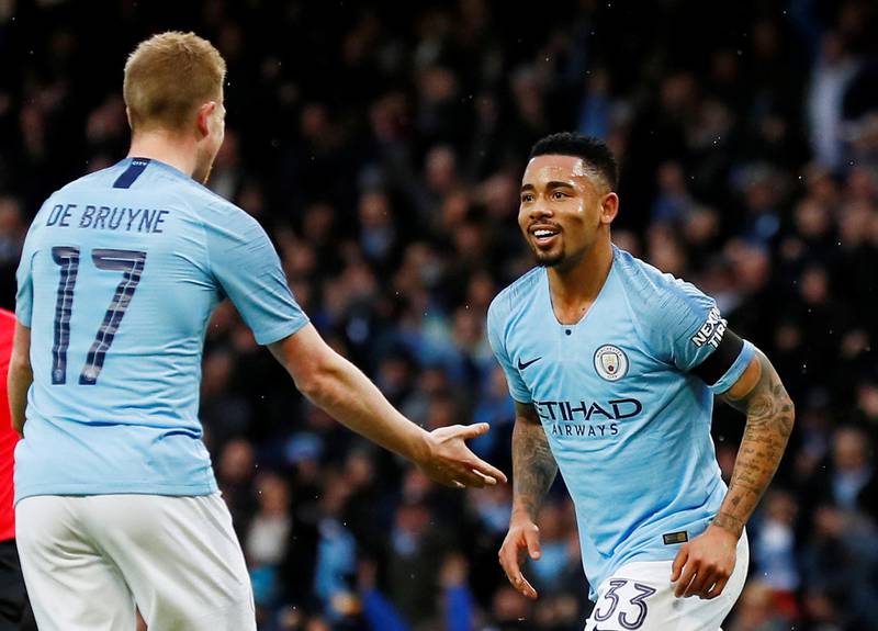 Soccer Football - FA Cup Fourth Round - Manchester City v Burnley  - Etihad Stadium, Manchester, Britain - January 26, 2019  Manchester City's Gabriel Jesus celebrates scoring their first goal with Kevin De Bruyne   Action Images via Reuters/Jason Cairnduff