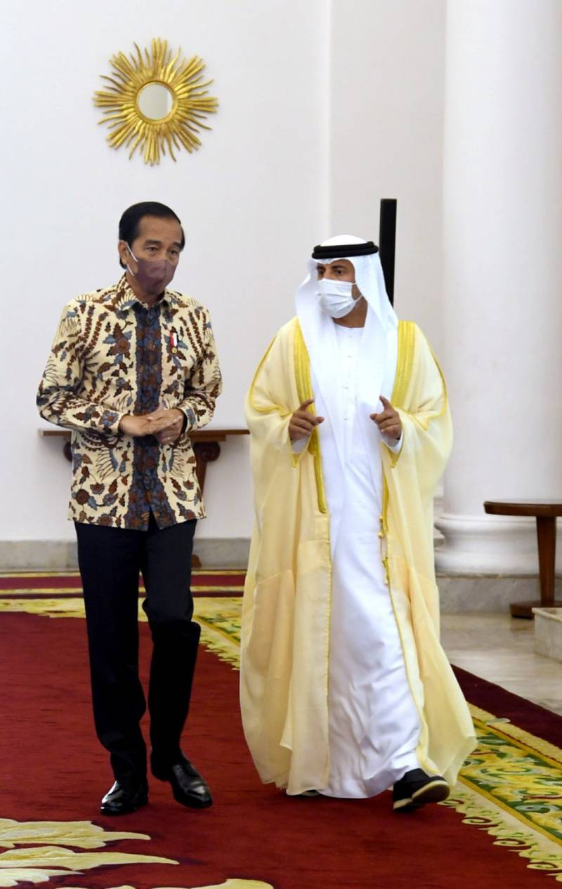 Mr Widodo praised the strong bilateral relations between Indonesia and the UAE, and hopes the visit will strengthen ties. Photo: Wam