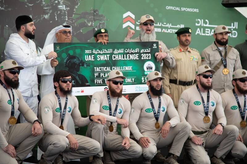 The Chechen team celebrates a first-class performance at 2023 UAE Swat Challenge. Dubai Police. 