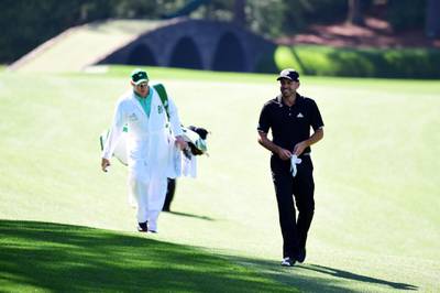 AUGUSTA, GA - APRIL 04: Sergio Garcia of Spain walks with his caddie Glen Murray on the 13th hole during a practice round prior to the start of the 2017 Masters Tournament at Augusta National Golf Club on April 4, 2017 in Augusta, Georgia.   Harry How/Getty Images/AFP