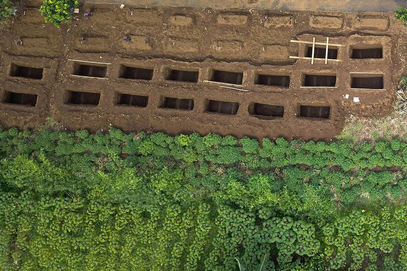 Graves for Indonesian victims of the coronavirus are seen from the air in Bogor, West Java. AFP