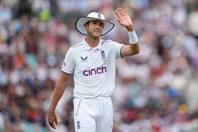 England's Stuart Broad waves towards the stands on day four of the fifth Ashes Test match between England and Australia, at The Oval cricket ground in London, Sunday, July 30, 2023.  (AP Photo / Kirsty Wigglesworth)