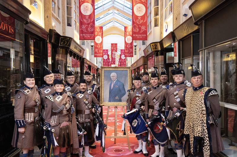 The London Scottish Band in Burlington Arcade, London, at an unveiling of a celebratory installation to mark the coronation. PA