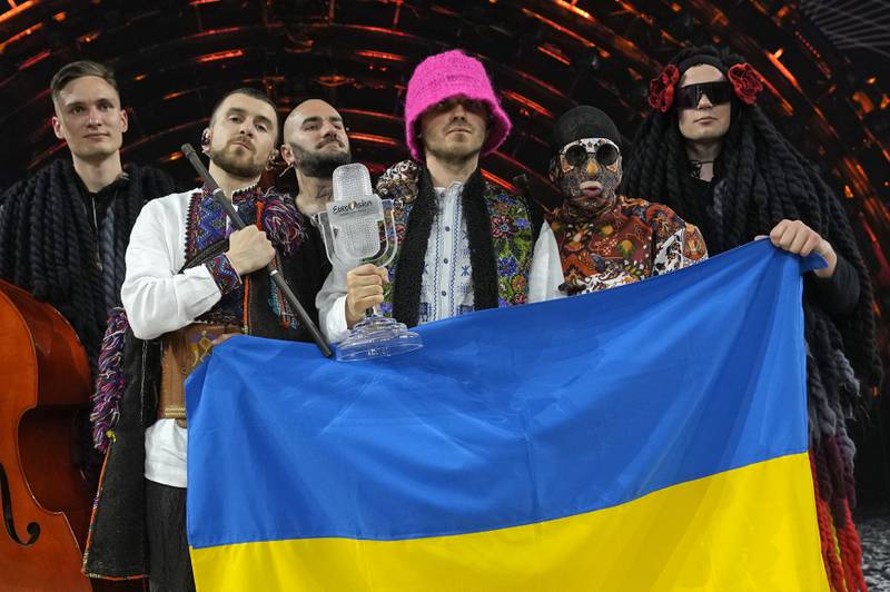 Kalush Orchestra from Ukraine celebrate after winning the Grand Final of the Eurovision Song Contest in Turin, Italy. AP