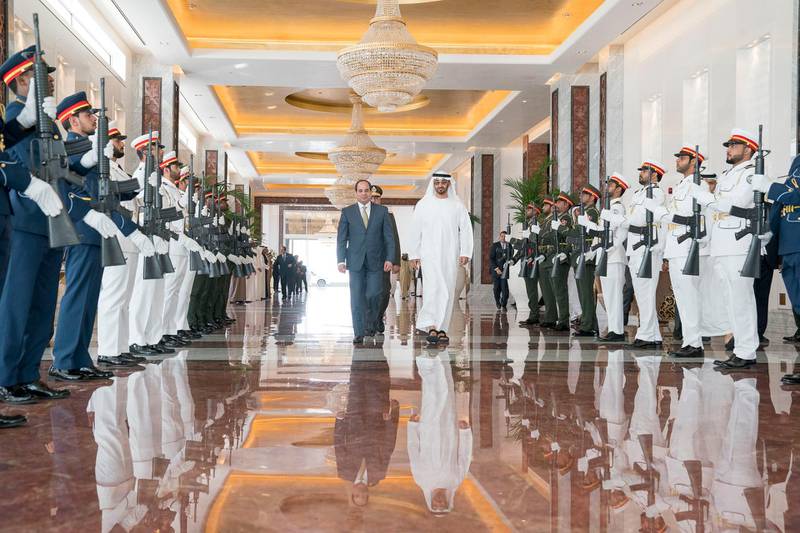ABU DHABI, UNITED ARAB EMIRATES - February 07, 2018: HH Sheikh Mohamed bin Zayed Al Nahyan Crown Prince of Abu Dhabi Deputy Supreme Commander of the UAE Armed Forces (R), bids farewell the HE Abdel Fattah El Sisi, President of Egypt (L), at the Presidential Airport. 

( Mohamed Al Hammadi / Crown Prince Court - Abu Dhabi )
---