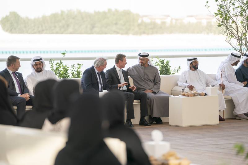 Sheikh Mohamed and his guests at the barza. Also present were Sheikh Hamdan bin Zayed, Ruler’s Representative in Al Dhafra Region (2nd L) and Sheikh Tahnoon bin Mohammed, Ruler's Representative in Al Ain Region (6th L).
