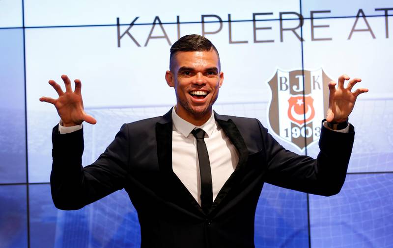 Pepe, 34, reacts during a signing ceremony with Turkish club Besiktas in Istanbul