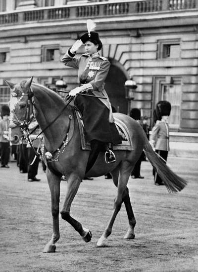 Queen Elizabeth during a Trooping of the Colour ceremony at Horse Guard's Parade, London, June 1952. AFP