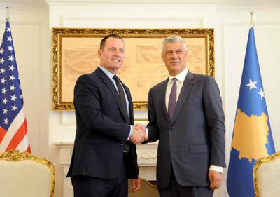 US special envoy Richard Grenell is welcomed by Kosovo President Hashim Thaci in Pristina, Kosovo, October 9, 2019. Laura Hasani/ Reuters