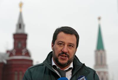 FILE - In this Friday, Nov. 18, 2016 file photo, the League leader Matteo Salvini speaks to the media near Red Square outside the Kremlin in Moscow, Russia. Opposition lawmakers want to question Italian Interior Minister Matteo Salvini about allegations a Russian oil deal was devised to fund his pro-Moscow League party. Democratic Party lawmakers demanded Thursday, July 11, 2019 that a parliamentary inquiry be held. They want to question Salvini, the BuzzFeed journalist who made the allegations, Italy's ambassador to Moscow, Russia's ambassador to Rome and a former Salvini associate who allegedly brokered the proposed deal. (AP Photo/Ivan Sekretarev, File)