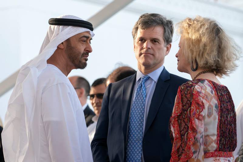 ABU DHABI, UNITED ARAB EMIRATES - March 18, 2019: HH Sheikh Mohamed bin Zayed Al Nahyan, Crown Prince of Abu Dhabi and Deputy Supreme Commander of the UAE Armed Forces (L) receives Timothy Shriver, Chairman of the Special Olympics (C), during a Sea Palace barza.

( Ryan Carter / Ministry of Presidential Affairs )?
---