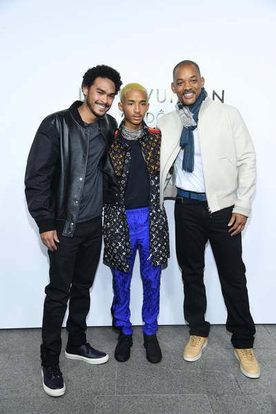 PARIS, FRANCE - OCTOBER 02: Jaden Smith (C), Will Smith (R) and a guest attend the Opening Of The Louis Vuitton Boutique as part of the Paris Fashion Week Womenswear  Spring/Summer 2018 on October 2, 2017 in Paris, France.  (Photo by Pascal Le Segretain/Getty Images)