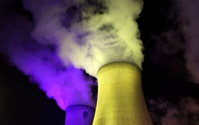 The Drax Power Station in North Yorkshire, England, illuminated in the colours of the Ukrainian flag. Reuters
