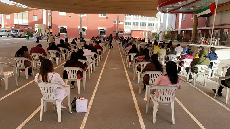 Churchgoers and residents wait to receive a Covid-19 vaccine dose at St Joseph Church, Abu Dhabi. Photo: St Joseph Church