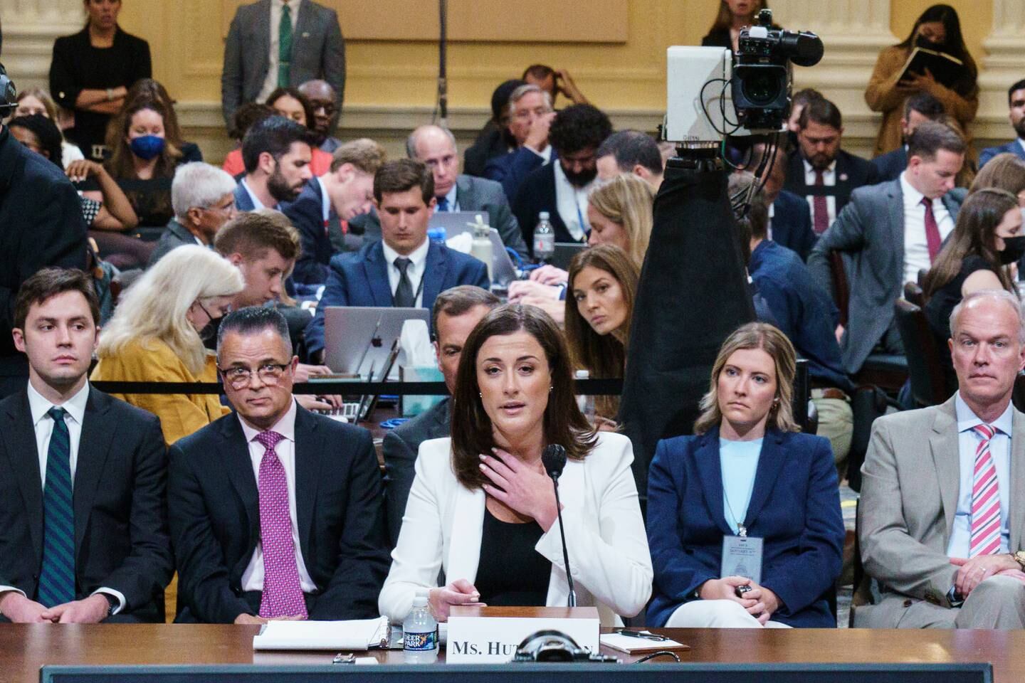 Cassidy Hutchinson describes the actions of former US president Donald Trump during a House Select Committee hearing, in the Cannon House Office Building on Capitol Hill in Washington, on June 28. EPA / Pool