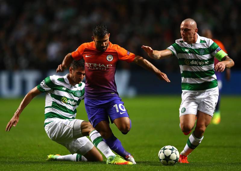 GLASGOW, SCOTLAND - SEPTEMBER 28:  Sergio Aguero of Manchester City battles for the ball with Nir Bitton and Scott Brown of Celtic during the UEFA Champions League group C match between Celtic FC and Manchester City FC at Celtic Park on September 28, 2016 in Glasgow, Scotland.  (Photo by Michael Steele/Getty Images)