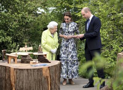 LONDON, ENGLAND - MAY 20: Queen Elizabeth II is shwon around 'Back to Nature' by Prince William and Catherine, Duchess of Cambridge at the RHS Chelsea Flower Show 2019 press day at Chelsea Flower Show on May 20, 2019 in London, England. (Photo by Geoff Pugh - WPA Pool/Getty Images)