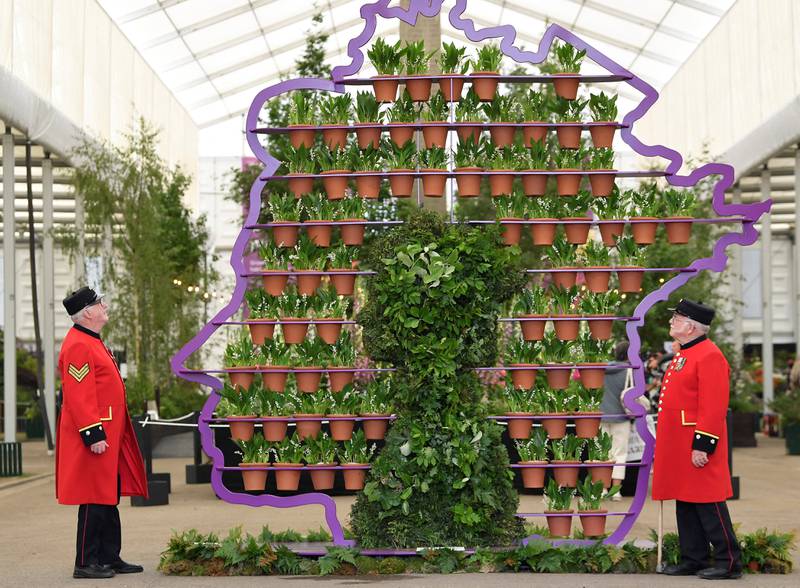 Chelsea Pensioners Ted Fell, left, and George Reid pose as they view "The Queen's Platinum Jubilee" display by Simon Lycett at Chelsea Flower Show in London, Britain, May 23, 2022.  REUTERS / Toby Melville