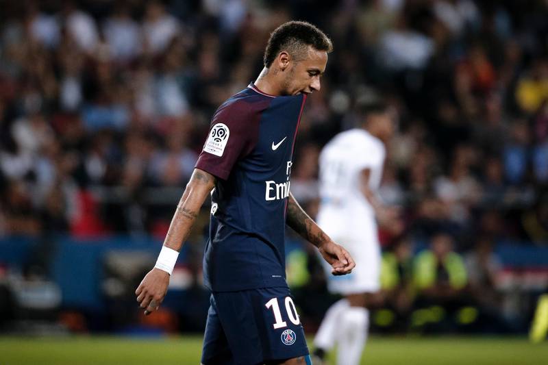 PSG's Neymar reacts after missing a chance on goal during the French League One soccer match between Paris Saint Germain and Saint Etienne at the Parc des Princes stadium in Paris, France, Friday, Aug. 25, 2017. (AP Photo/Kamil Zihnioglu)