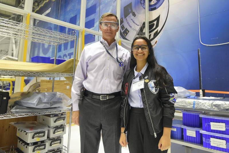 Alia Al Mansoori with former Astronaut Chris Ferguson, during her visit to the Kennedy Space Center on Aug. 11, 2017 in {town}, Florida. Ferguson was showing part of the Boeing Starliner spacecraft to Al Mansoori.(Scott A. Miller for The National)
