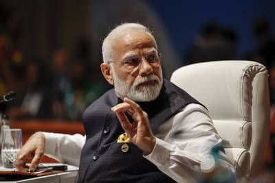 India's Prime Minister Narendra Modi attends the plenary session during the 2023 BRICS Summit in Johannesburg on Wednesday. AP