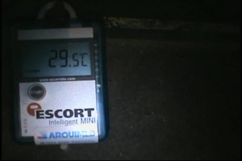 A video grab shows a thermometer in a copper and gold mine where miners are trapped, at Copiapo, some 725 km (450 miles) north of Santiago August 27, 2010. Thirty-three miners trapped for 21 days in a Chilean mine may get videos of Maradona and other soccer greats to beat boredom as they face several months deep underground until they are dug out.      REUTERS/Chilean Mining Ministry/Handout  (CHILE - Tags: BUSINESS ENERGY DISASTER ENVIRONMENT) FOR EDITORIAL USE ONLY. NOT FOR SALE FOR MARKETING OR ADVERTISING CAMPAIGNS. THIS IMAGE HAS BEEN SUPPLIED BY A THIRD PARTY. IT IS DISTRIBUTED, EXACTLY AS RECEIVED BY REUTERS, AS A SERVICE TO CLIENTS