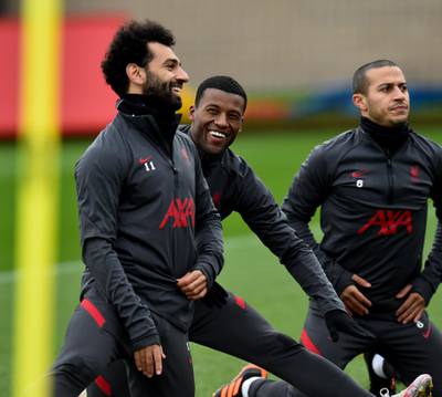 KIRKBY, ENGLAND - DECEMBER 23: (THE SUN OUT, THE SUN ON SUNDAY OUT) Mohamed Salah and Georginio Wijnaldum of Liverpool during a training session at AXA Training Centre on December 23, 2020 in Kirkby, England. (Photo by Andrew Powell/Liverpool FC via Getty Images)