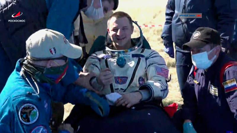 Astronaut Andrew Morgan, is the third crew member to return to Earth on April 17, 2020 after more than 200 days aboard the space station. Roscosmos Space Agency via AP