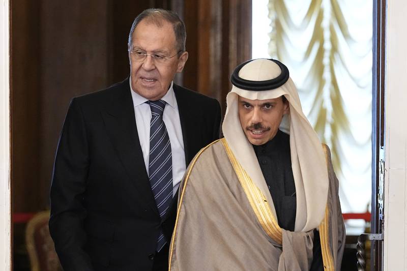 Russian Foreign Minister Sergey Lavrov (L) and Saudi Arabia's Foreign Minister Prince Faisal bin Farhan in Moscow on Thursday. AP