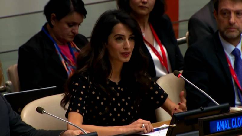 British-Lebanese barrister and activist Amal Clooney addresses  the Ukrainian war at an informal UN Security Council session. AFP 