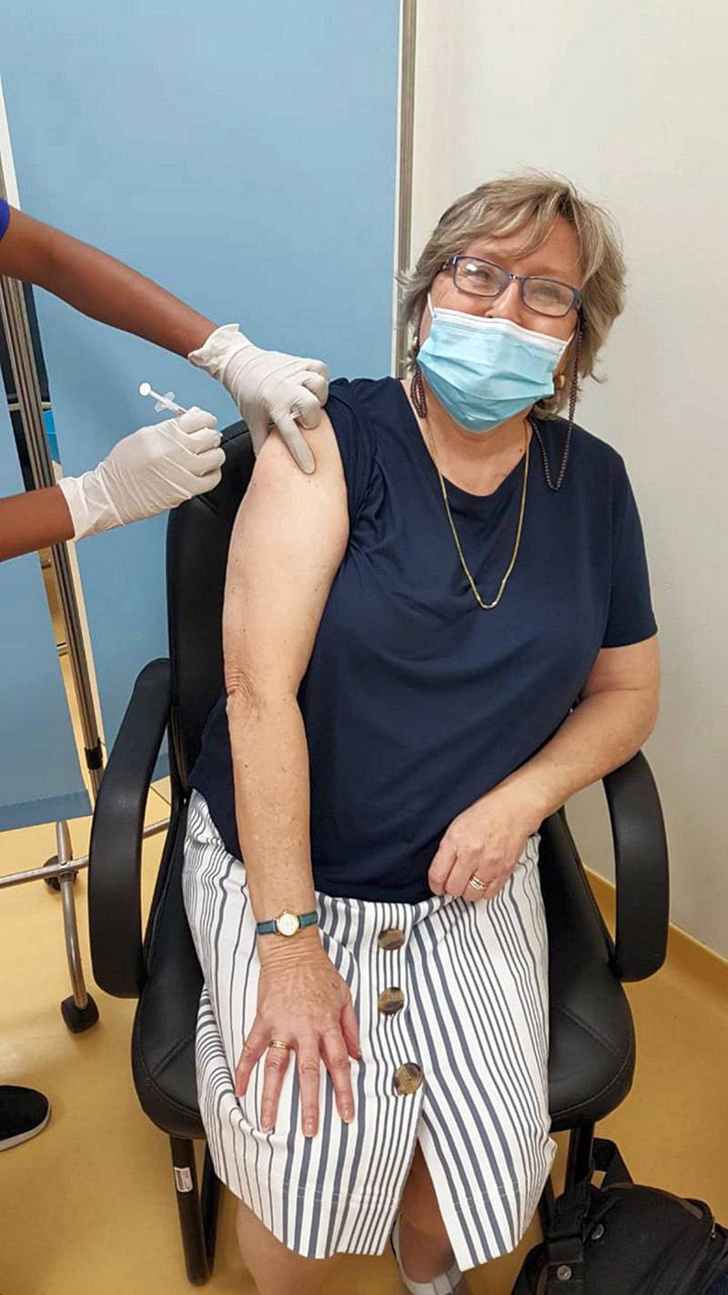 Carolyn Belsey Morton, 74, receiving the vaccine. Courtesy of Carolyn Belsey Morton