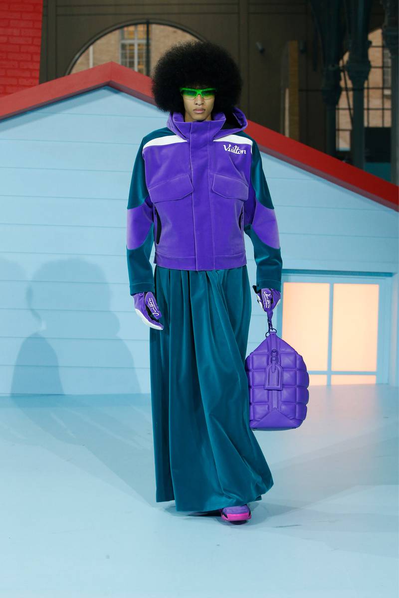 Deliberately blurring gender lines, Abloh created a long velvet skirt, worn with a skiing jacket. Photo: Louis Vuitton