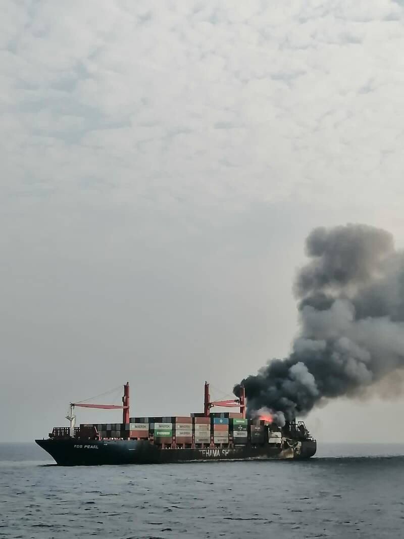 Saudi Arabia’s Border Guards rescued the crew of a Panama-flagged commercial container tanker that caught fire while sailing in the Red Sea. All photos: SPA