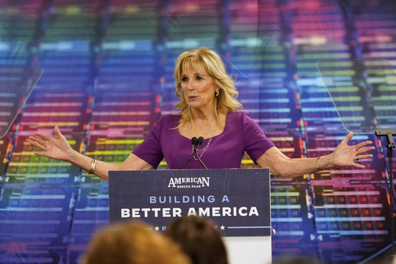 First lady Jill Biden said on International Women's Day: 'Women have never been silent, but women have been silenced. That’s because our voices are powerful.' AP