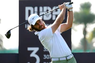 Tommy Fleetwood of England tees off on the third hole during the third round of Dubai Invitational on Saturday, January 13, 2024. AP