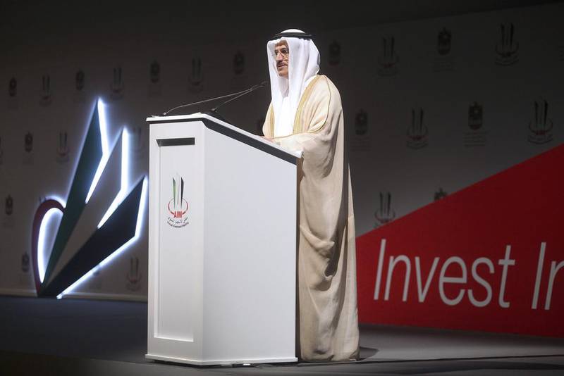 Sultan Bin Saeed Al Mansouri, the Minister of Economy, comments on the law at the Annual Investment Meeting in Dubai. Lee Hoagland / The National.