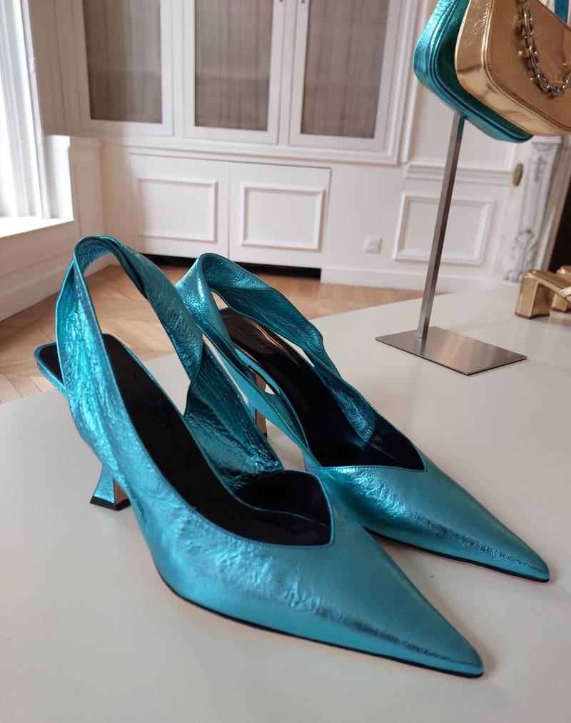 Metallic blue leather shoes at By Far for spring/summer 2023.