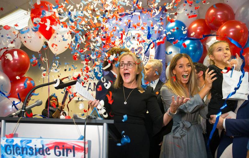 Democrat Madeleine Dean celebrates after winning Pennsylvania's 4th Congressional District race, in Fort Washington. The Philadelphia Inquirer via AP