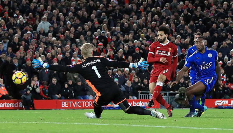 Mohamed Salah scores against Leicester City at Anfield on December 30, 2017. Peter Byrne / PA via AP