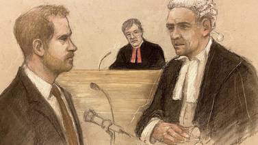 Court artist sketch of Prince Harry being cross examined by Andrew Green KC. AP