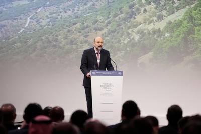 Jordan Prime Minister Omar Razzaz speaks during the opening of the 17th World Economic Forum on the Middle East and North Africa. EPA