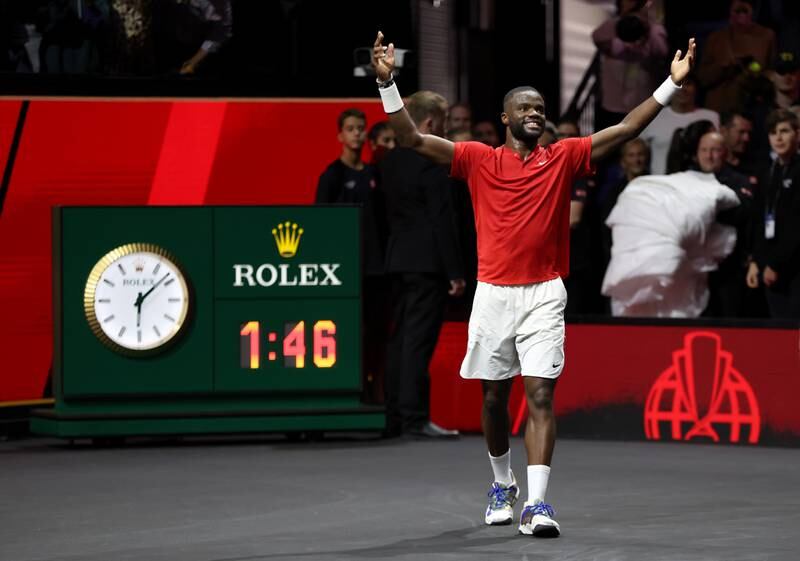 Frances Tiafoe celebrates beating Stefanos Tsitsipas at the Laver Cup. Getty