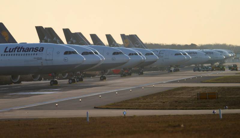 Planes of the German carrier Lufthansa are parked on a closed runway at the airport in Frankfurt, Germany. Reuters