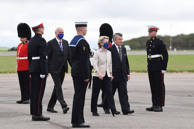 European Commission President Ursula von der Leyen is welcomed to Newquay. AP