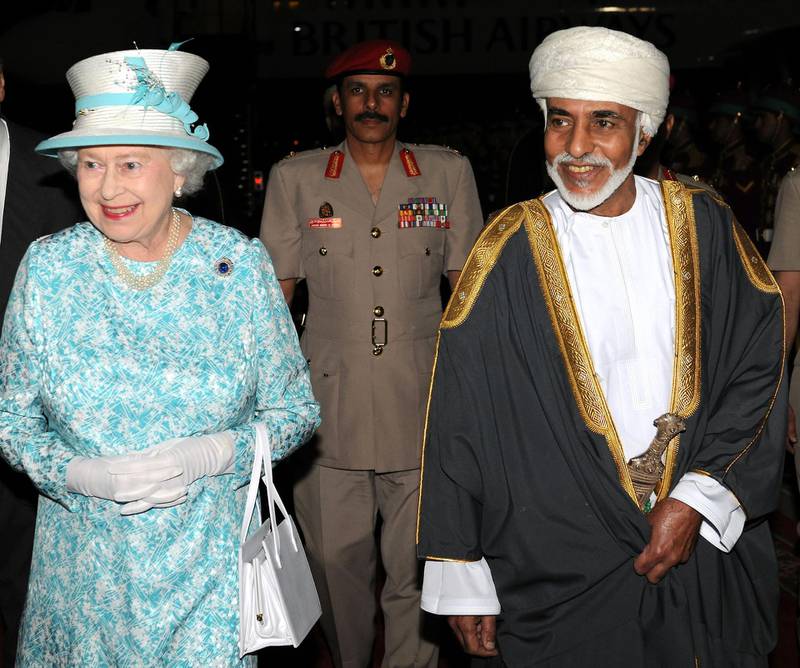 Oman's Sultan Qaboos bin Said welcomes Britain's Queen Elizabeth II upon her arrival at Muscat in 2010. Sultan Qaboos, who ruled Oman for almost half a century, has died at the age of 79. AFP