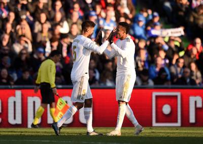 Raphael Varane and Eder Militao celebrate Real Madrid's second goal on Saturday. Getty Images