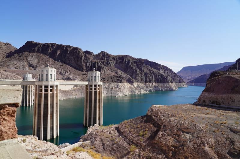 The penstock towers on the reservoir side of the Hoover Dam. In normal years, the water would be significantly higher.