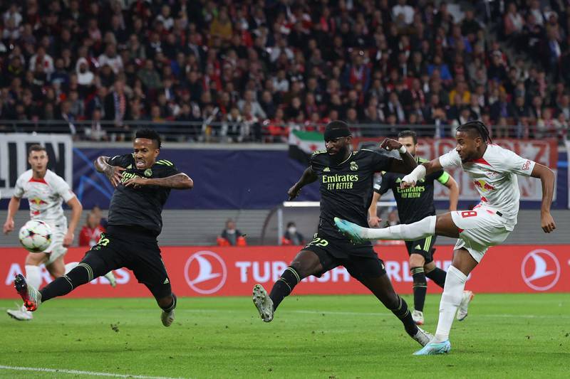 Christopher Nkunku scores RB Leipzig's second goal against Real Madrid. AFP